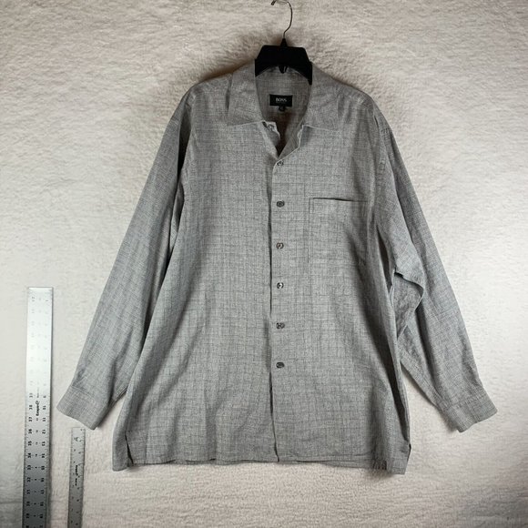 HUGO BOSS Shirt Men's XL Gray Check 100% Cotton Collared Casual Button-Up 8413‎ - Picture 1 of 7